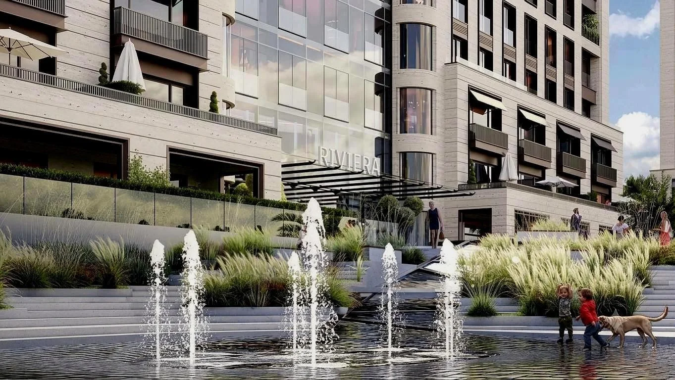 Визуализация: Ступенчатый фонтан перед входом с вывеской RIVIERA