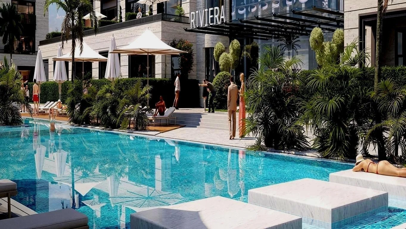 Визуализация: Бассейн у входа с вывеской RIVIERA